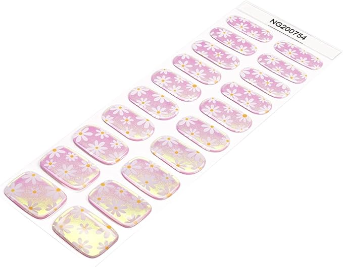 Spring Semi Cured Gel Nail Strips - 20Pcs Flower UV Gel Nail Wraps with Aurora Design, Long Lasting Salon-Quality Stickers, Includes Nails File & Wooden Stick - UV/LED Lamp Required