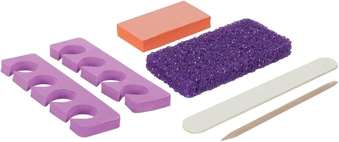 ForPro 5-Piece Pedi Kit, 100-Count, Individually-Packed Pedicure Set, Purple Pumice Pad, Wood Nail File 80/100 Grit, Mini Buffer 80/100 Grit, Wood Stick, Toe Separators