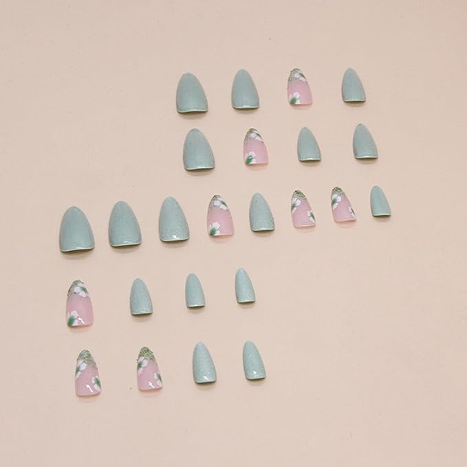 Almond Press on Nails Medium Green With Cute Flower Design - Full Cover Glossy Acrylic for Christmas - 24Pcs Artificial Manicure Set for Women