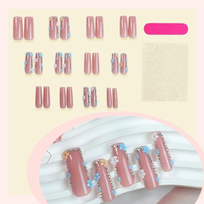 Long Press on Nails Square Fake Nails Rhinestone False Nails with Blue Flowers Artificial Nails Stick on Nails for Women 24pcs