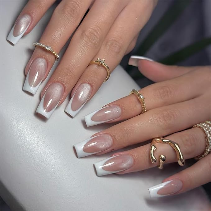 French Tip Press on Nails Medium Square Fake Nails Press ons with Designs Chrome False Nails Glossy Cat Eye Full Cover Glue on Nails Cute Acrylic Stick on Nail for Women Nail Decoration 24Pcs