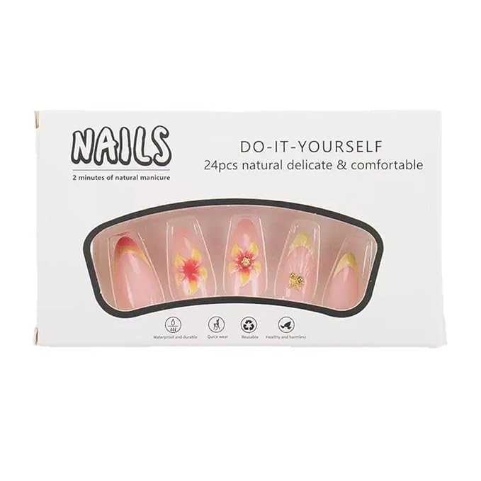 Medium Press on Nails Almond - French Tip Fake Nails with Ombre Flower Design - Glossy Full Cover Stick on False Nails - for Women Manicure 24 Pcs