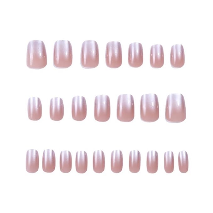 32 Pcs French Gradient Press on Nails Short Coffin Shaped Fake Nails with Pink White Gradient Designs Glitter Acrylic Nails Full Cover Bling Stick on Nails for Women Nails Manicure Decoration