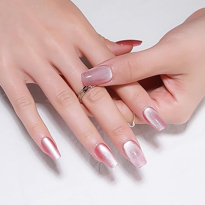 evpct Pink Cat Eye Press on Nails Square Medium Coffin, Medium Square Stick on Nails for Women Gift, Plum Pink Metallic Glitter Glossy Reusable Spring Summer Press on Acrylic Fake Nail with Design