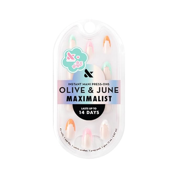 Olive & June Maximalist Instant Mani Press-On Nails (Glue) | 42 Fake Nails, 21 Sizes | Non-Toxic, Long-Lasting Big, Bold Gorgeous Realistic Look | Salon-Quality | Medium, Almond | Scalloped French
