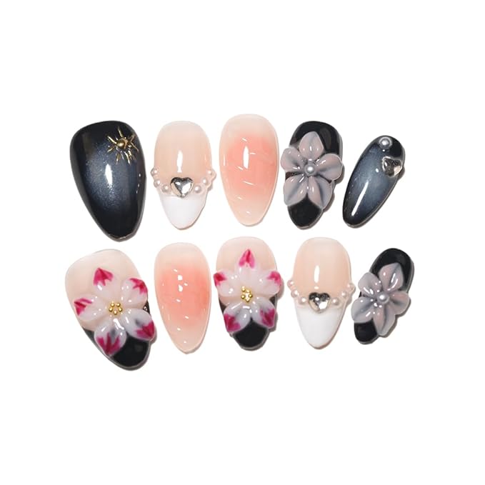 10 Short Almond Handmade Press On Nails | 3D Floral & Heart Accent Elegant Black & Nude Gradient False Nails,New styles | Skip Salon Trips, Easy to Apply & Remove, Reusable (251109, S)