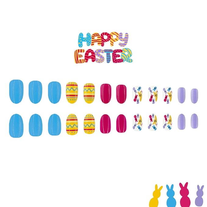 Easter Press on Nails - Medium Oval Fake Nails with Cute Rabbit | Colorful Easter Egg Designs False Nails Press ons Reusable Full Cover Stick on Nails Easter Nails for Women Manicure 24Pcs