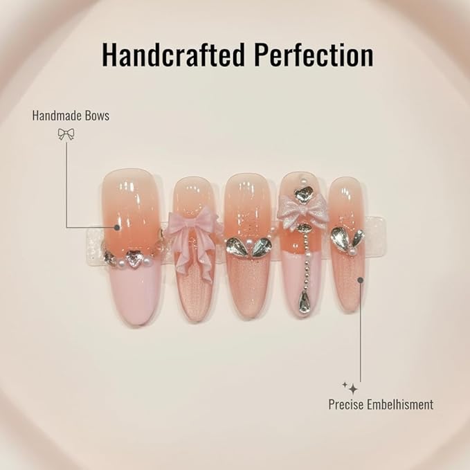 Handmade Press on Nails Long Stiletto Fake Nails Pink French Tip False Nails with 3D Rhinestones Bow Designs Sparkly luxury Artificial Nails Reusable for Women 10pcs (Size M）
