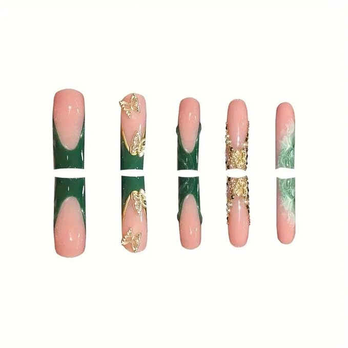 Green Press on Nails Long Square Fake Nails with Gold Butterfly Design Rhinestone Glue on Nails French False Nail tips Glossy Reusable Spring Summer Nails for Women Girls Manicure 24pcs
