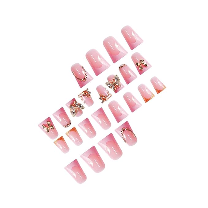 Pink French Tip Press on Nails Short Duck Fake Nails with Design 5D Butterfly Glue on Nails Rhinestone Bow False Nail Artificial Acrylic Full Cover Glossy Stick on Nails for Women Manicure 24Pcs