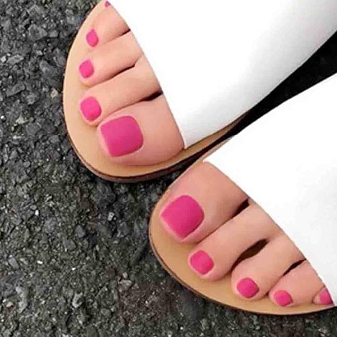 Hot Pink Press on Toenails Matte Short Fake Toe Nails Acrylic False Toesnail Square Cute Pressons Toenail Artificial Beach Full Cover Feet Nail for Women 24 Pcs (Hot Pink)
