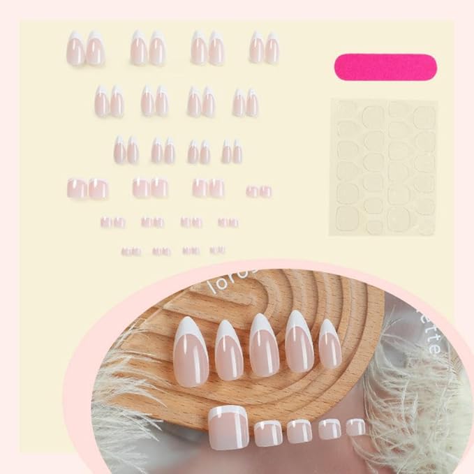 48Pcs White French Tips Press on Toenails Light Pink Press on Nails Medium Almond False Nails with Designs Nude Pink Fake Toenails Glossy Reusable Summer Fake Toenails for Women Girls DIY Manicure