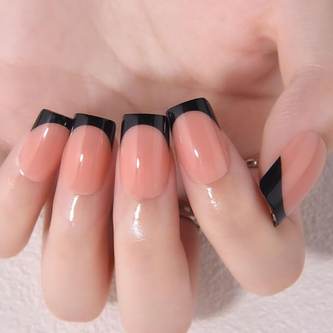 Nude+Black French Tips Press on Nails, Short Square Acrylic Fake Nails Design, Natural Reusable Glue-On Nails Kit for Women DIY False Nail Art Decoration Gift, Salon Quality Reusable 32 Pcs