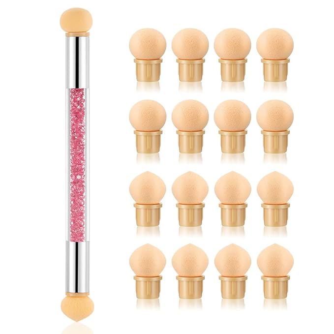 SILPECWEE 1pc Nail Sponges Pen, Ombre Nail Brushes, Double Head Nail Art Brush, Manicure Brush Nail Art Tools for Salon DIY with 16Pcs Replaceable Sponge Heads (Pink)