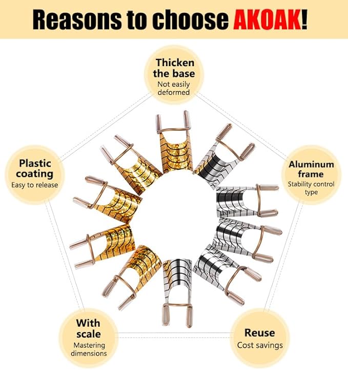 AKOAK 10 Pieces Reusable UV gel Acrylic Nail Art Tips Extension Guidance Form Tool, Nail Extension Metal Aluminum Holder, Nail Salon Home Accessories (Gold)