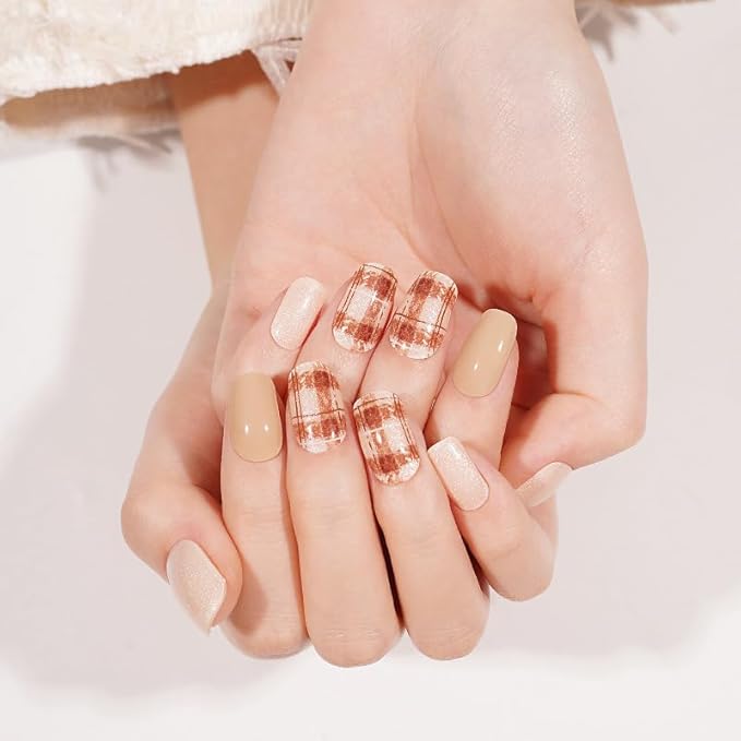 Semi-Cured Gel Nail Strips - 20 Salon-Quality Gel Sticker with UV Light Required, Long Lasting, Easy Application & Removal, Includes Prep Pad, Nail File, Wooden Stick – Cafe Charm