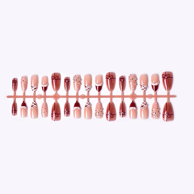 30pcs Christmas Press on Nails Medium Almond Fake Nails Valentine False Nails with 3d Pearl Rhinestones Designs Xmas Gift Full Cover Artificial Glue on Nails French Tip Acrylic Nail Supplies for Women