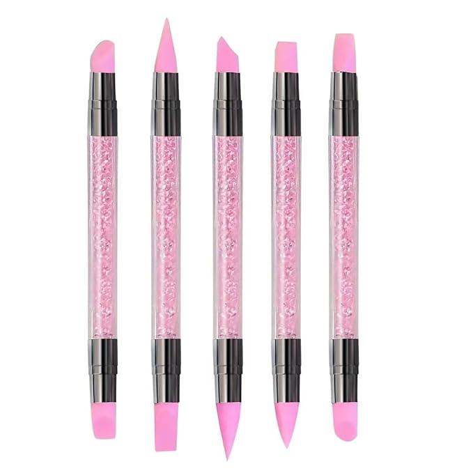 5Pcs Double-Ended Silicone Nail Art Brushes, Dual-Tip Dotting & Sculpting Tools for Gel Polish, 3D Nail Art, Embossing & Manicure Clean Up-Pink