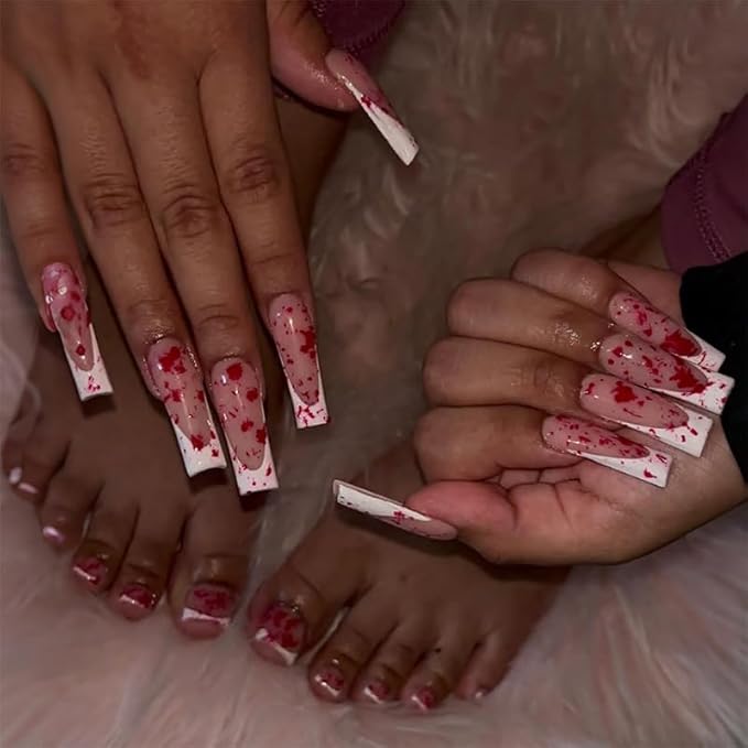 48Pcs Halloween Press on Nails Square & Press on Toenails Set, White French Tip Press on Nails with Terror Bloody Design Medium Fake Nails Short Press on Toe Nails for Women Nail Decoration