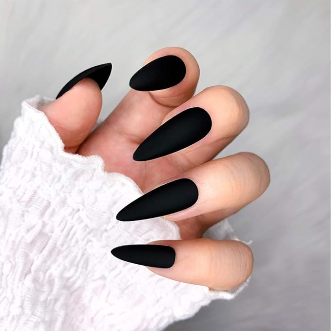Morily 24pcs Fake Nails Matte Pure Color Medium Long Stiletto Almond Press on Nail False Tips Artificial Finger Manicure for Women (Black)