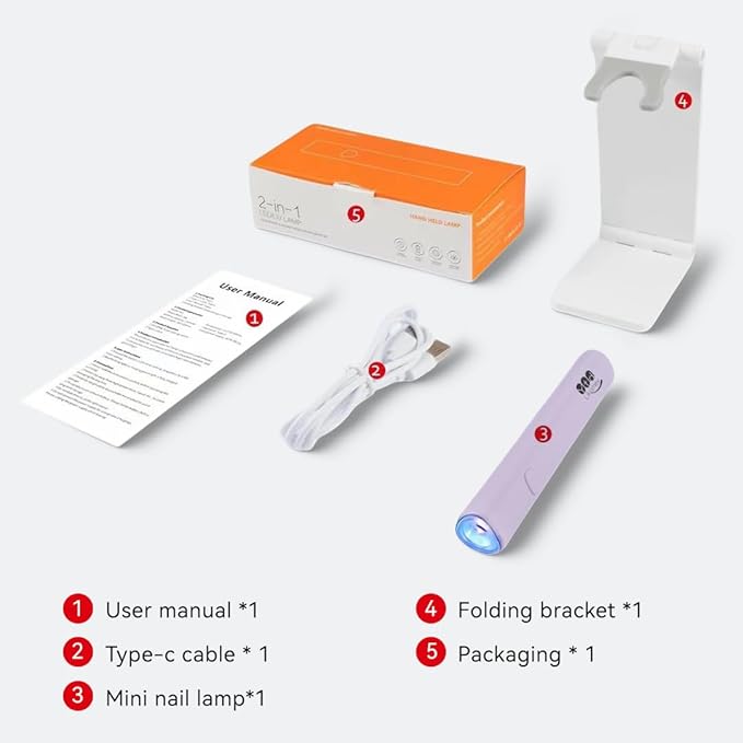 YTD Likomey Handheld UV LED Lamp for Gel Polish,Purple Quick Dry Mini Nail Light with Folding Bracket, Portable Cordless Rechargeable for Fast Curing UV Nail Glue Builder Extension Gel