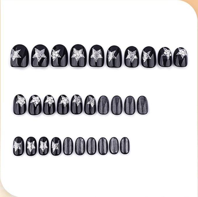 evpct Black Goth Cat Eye Short Press on Nails Oval, Short Oval Stick on Nail for Women Gift, Gothic Silver Star Metallic Glitter Glossy Reusable Spring Summer Press on Acrylic Fake Nail with Design