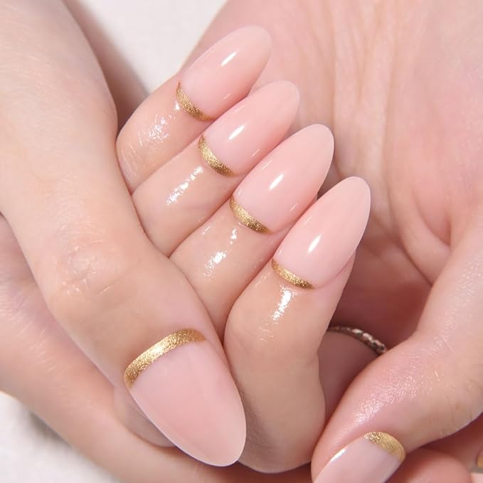 Short Almond Gold Reverse French Press On Nails, Golden Artificial Fake Nails Design, Acrylic False Nails Design, Suitable for Birthday Parties,Wedding. Kit for Women DIY False Nail Art Gift.