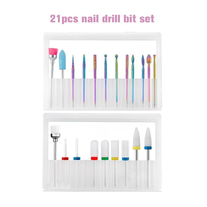 21pcs Nail Drill Bits Sets, 3/32 Inch Cuticle Electric Nail File and Ceramic Acrylic Gel Nail Bit Kit, Acrylic Nail Art Tools, Carbide Remover Bits for Manicure Pedicure, Home Salon