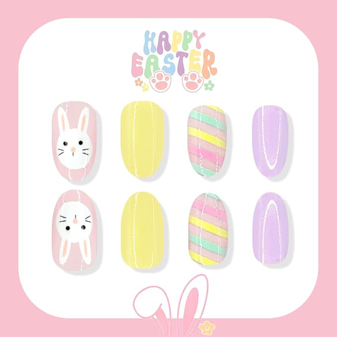 Easter Press on Nails - Medium Oval Fake Nails with Cute Rabbit | Colorful Easter Egg & Polka Dot Designs False Nails Press ons Full Cover Stick on Nails Easter Nails for Women Manicure 24Pcs