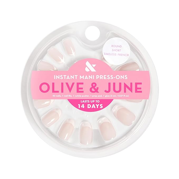 Olive & June Instant Mani Press-On Nails (Glue) | 42 Fake Nails, 21 Sizes | Non-Toxic Long-Lasting Recycled Materials Realistic Look | Salon-Quality at Home | Short, Round | Timeless French
