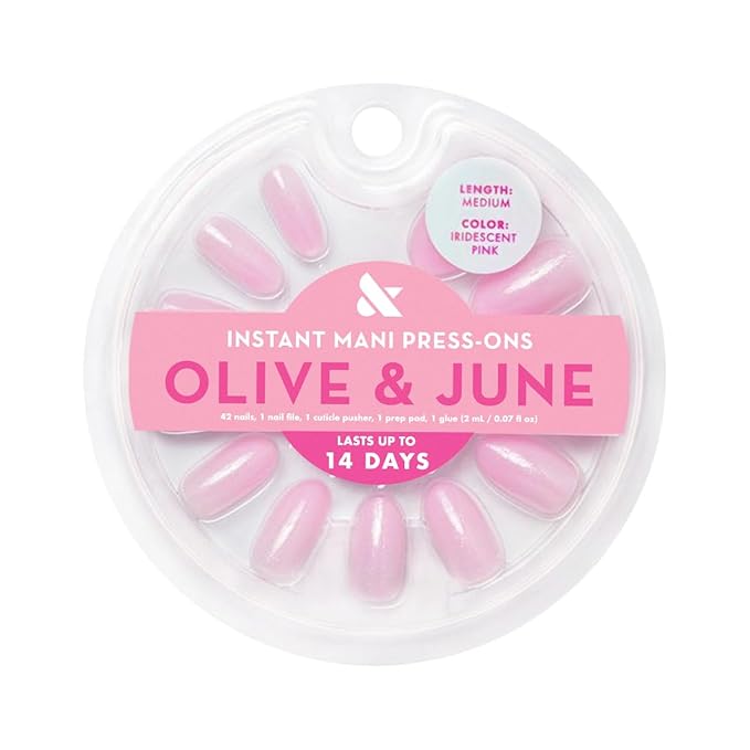Olive & June Instant Mani Press-On Nails (Glue) | 42 Fake Nails, 21 Sizes | Non-Toxic, Long-Lasting Recycled Materials Realistic Look | Spring Flowers & Patterns | Medium, Oval | Iridescent Pink
