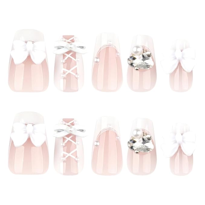 White Press on Nails Medium Coffin Fake Nails French Nails Press ons with Bow Tie Lace Design Full Cover Stick on Nails for Women Manicure,Reusable | Artificial | Nail Sticky Tabs | Easy Apply | 24Pcs