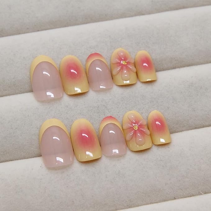 24Pcs Almond Press on Nails Flower Summer Fake Nails with 3D Floral Designs French Tip Pink Acrylic False Nail Cute Glue on Nails Medium Almond Nail Press ons for Women Girls
