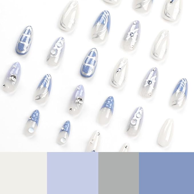 Blue Almond Water Ripple Press-On Nails 24pcs (12 Sizes) with Silver Bows & Glue, Glossy Finish