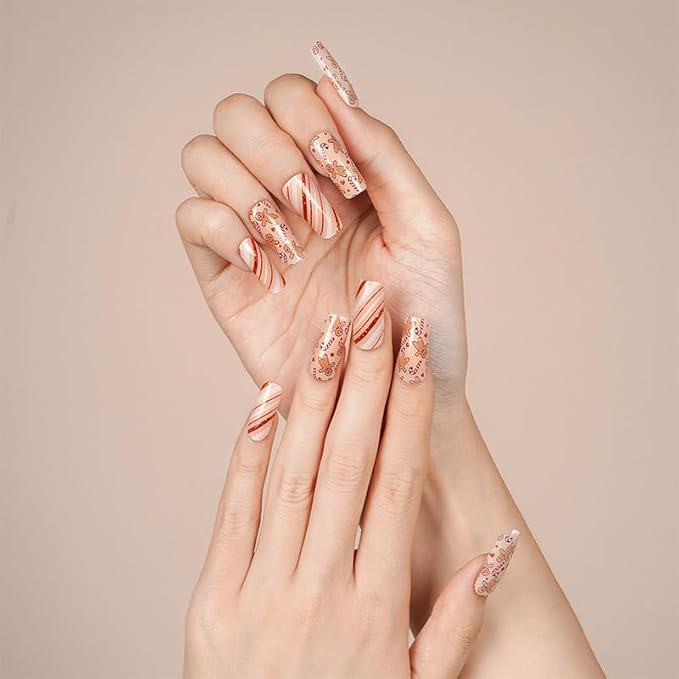 20pcs Christmas Semi Cured Gel Nail Strips - Salon-Grade DIY Wraps with Glaze Texture, Easy Application, UV Light Required for Festive Nails(Warm Toned Gingerbread Candy Nail)