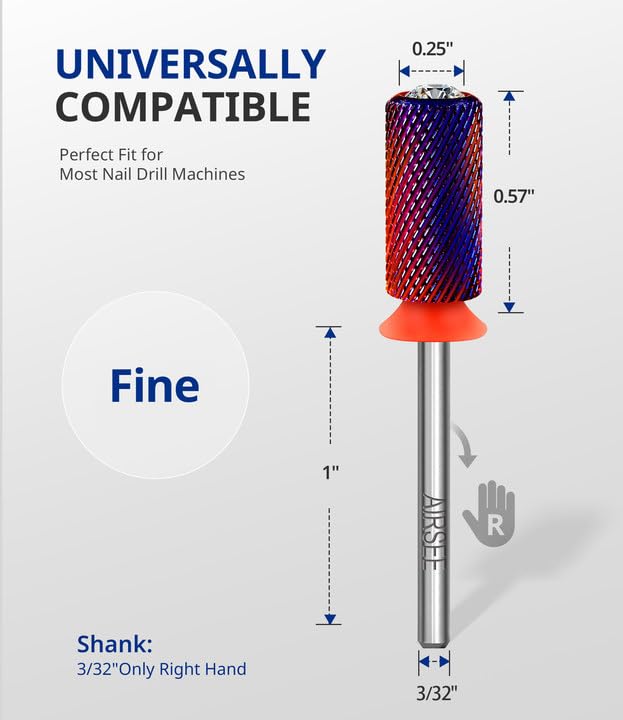 AIRSEE Tungsten Carbide Acrylic Nail Drill Bit Super Cut Bit Efile Electric File Machine Head Tip for Manicure Polishing Art Remove Gel Professional 3/32" Beginner Safety Crystal Top Barrel Fine