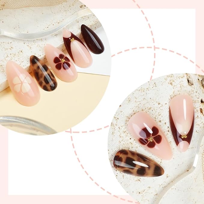 Press On Nails Brown Leopard Design – Long Almond Fake Nails with Matte & Glossy Finish, Reusable Adhesive Nails for Women (24 Pcs)