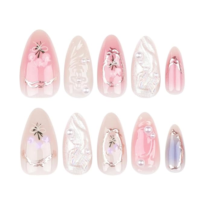 Handmade Press on Nails Medium Almond Fake Nails with Butterfly Flower Charm Design Spring Glue on Nails Water Ripple Stick on Nails Glossy Reusable Spring False Nails for Women Girls Manicure 24pcs