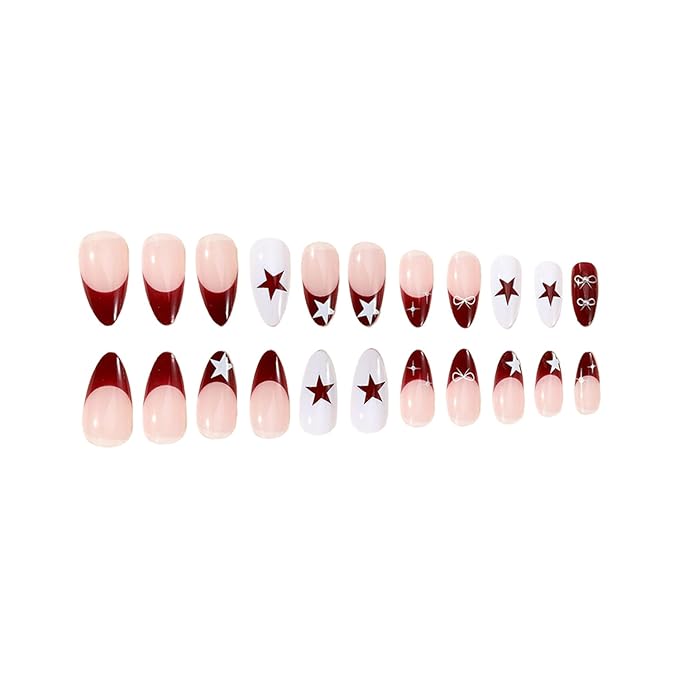 Press On Medium Almond French Tip Fake Nails - Full Cover, Red & White Stars, Bow Designs, Sliver Rhinestones, Glossy Acrylic Artificial Nails for Women & Girls