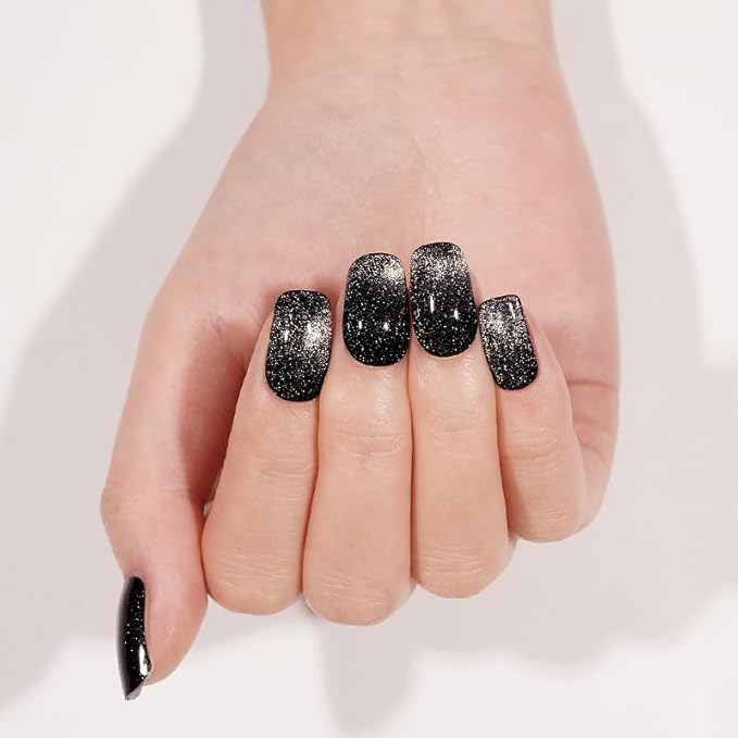 Semi-Cured Gel Nail Strips - 20 Salon-Quality Gel Sticker with UV Light Required, Long Lasting, Easy Application & Removal, Includes Prep Pad, Nail File, Wooden Stick – Black Diamond