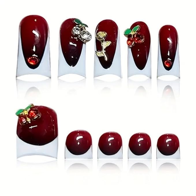 White French Tips Press on Nails Short Duck Fake Nails with 3D Rose Charm Design Short Square Press on Toenails 5D Red Cherry Fake Toenails Summer Beach False Nails for Women Girls Manicure 48Pcs