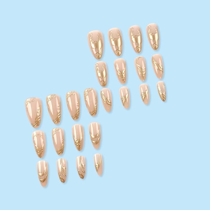 Almond Press on Nails Gold Stripes Fake Nails Medium False Nails Glossy Nude Acrylic Nails Golden Metal Chrome Glue on Nail Full Cover Stick on Nail for Women Girls Manicure 24Pcs