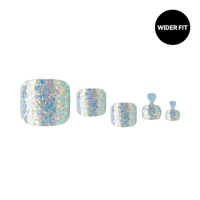 GoldFinger Press On Toenails Kit Wider Fit, Shine Glazed Glitter Metallic Sprinkle Color Fake Toenail, Ready to Wear Gel & Manicure Stick, Mini Glue included, Long-Lasting Convenient & Easy to Apply