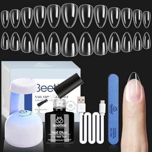 Beetles Gel Nail Kit, Almond Short, 240pcs 12 Sizes Nail Tips, with Nail Glue Mini Lamp, Clear Full Cover Fake Nails Tips, for Acrylic and Clear Press On Nail, Extension Set for Home DIY