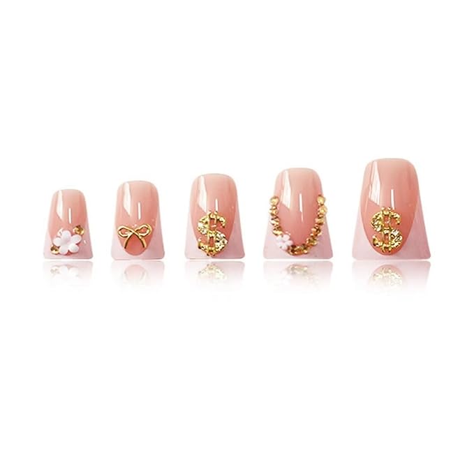 White French Tip Press on Nails Duck Fake Nails Bow Nail Press ons with Rhinestone Design Dollar Glue on Nails Reusable Artificial Glossy Full Cover Acrylic Stick on Nail for Women Manicure 24Pcs