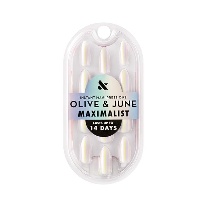 Olive & June Maximalist Instant Mani Press-On Nails (Glue) | 42 Fake Nails, 21 Sizes | Non-Toxic, Long-Lasting Big, Bold Gorgeous Realistic Look | Salon-Quality | Long, Almond | Iridescent Chrome