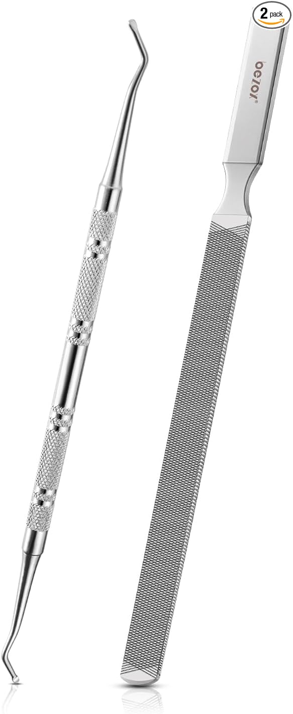 BEZOX Long Metal Nail File, Stainless Steel Fingernail File for Thick and Fungal Nails with Dual-Ended Toenail Lifter – The Ultimate Manicure & Pedicure Tool for Men and Women’s Nail Care - Silver