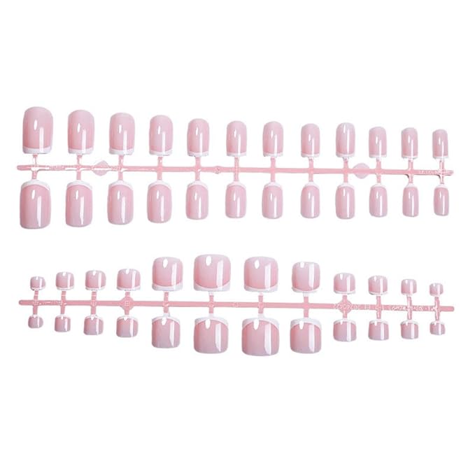 48Pcs White French Tip Press on Toenails Press on Nails Short Square Fake Nails with Design Pink Glue on Nails Nude False Nails Glossy Reusable Summer Nails Toenails for Women Manicure