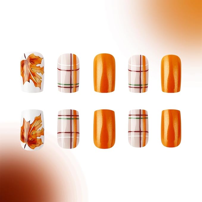 Fall Press On Nails Short Square, Autumn Acrylic Press On Nails, Lattice Maple Leaf Designer Reusable Fake Nails, Glue On Nail Press Ons for Hallows' Day Women, Nails Press Ons