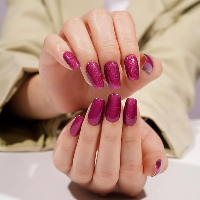 Semi Cured Gel Nail Strips 20 Pcs Purple-Red Cat Eye Gel Nail Wraps, Stickers, UV Light Required Nail Art Design Decoration Accessories